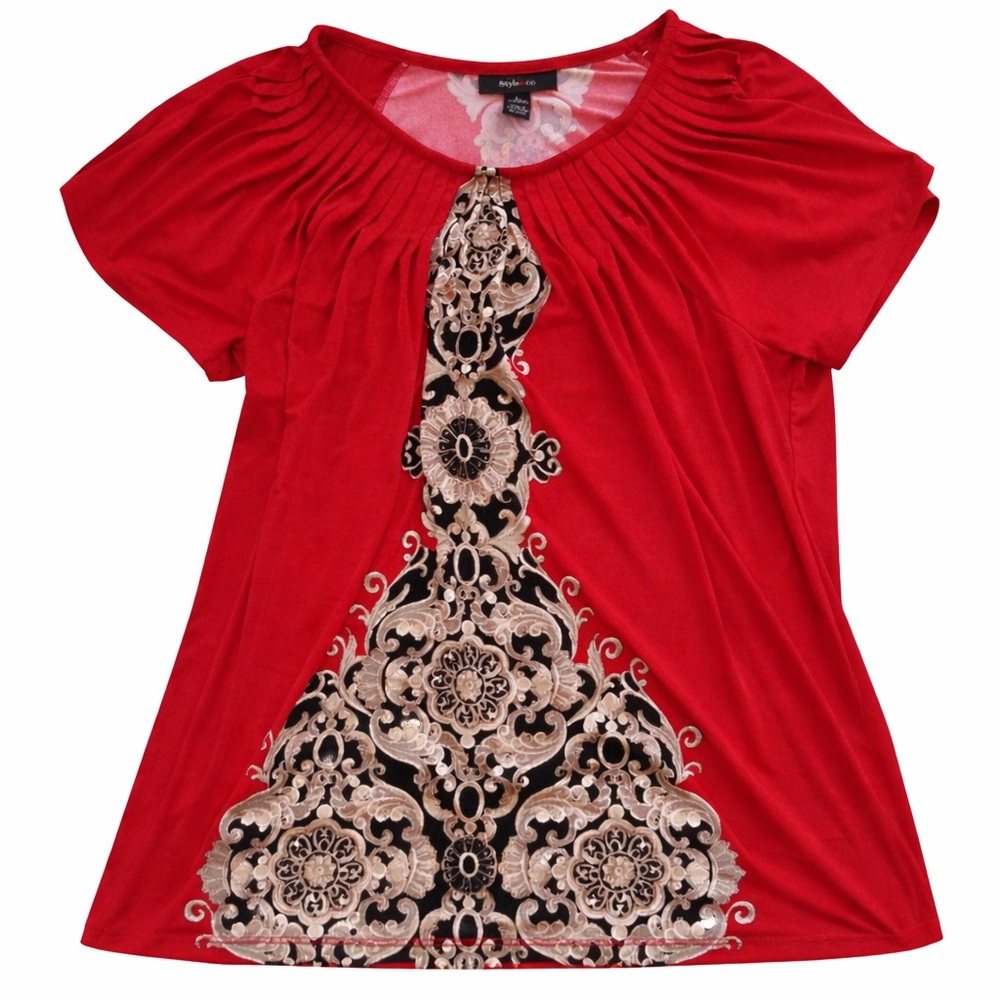 Style & Co Red Medallion Print Top Large Ruched Neck Stretch Short Sleeve Blouse